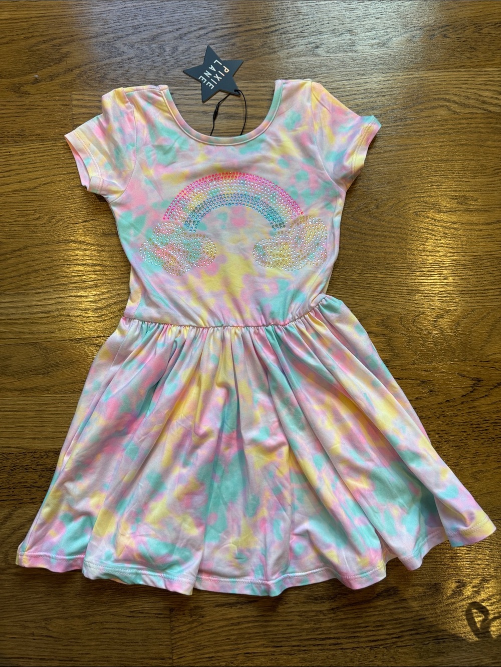 Pixielane Girls' Pastel Rainbow Tie-Dye Dress w/ Rainbow Rhinestones 4T NWT
